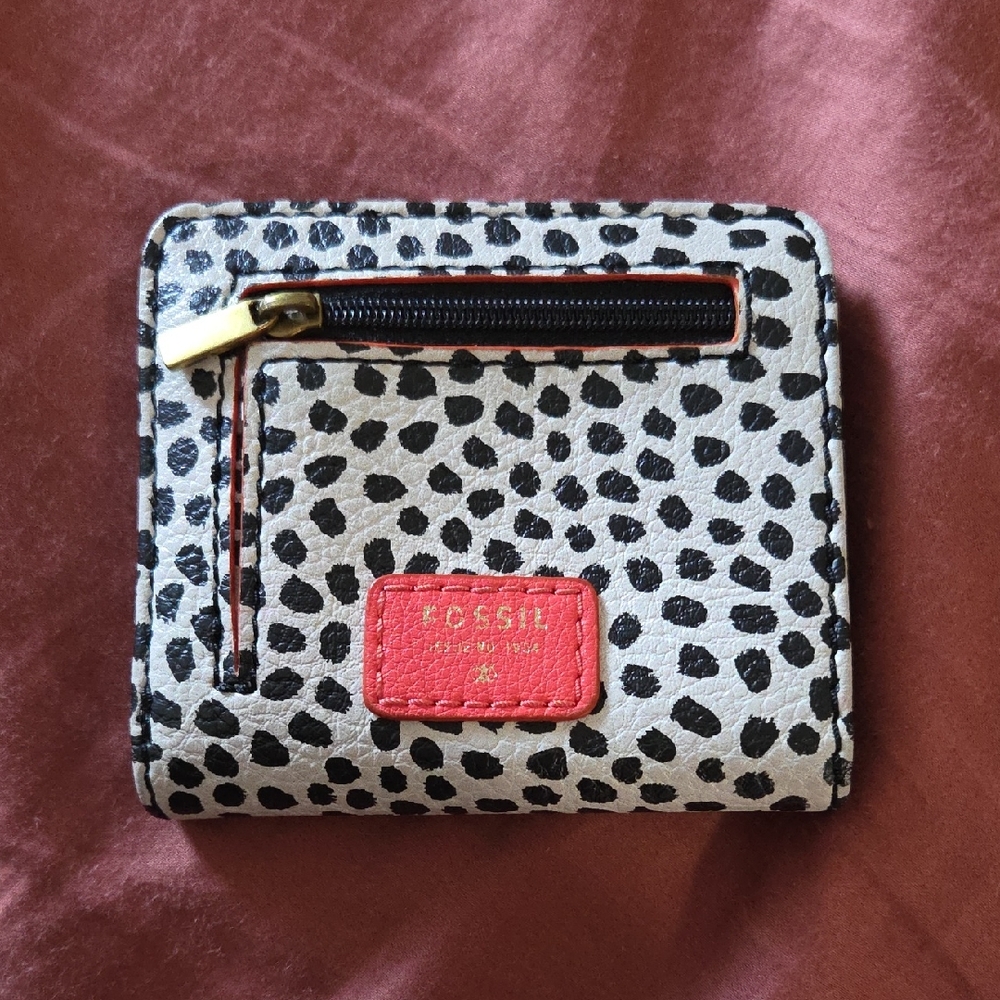 Fossil Black and White Animal Print Wallet with Red Detail